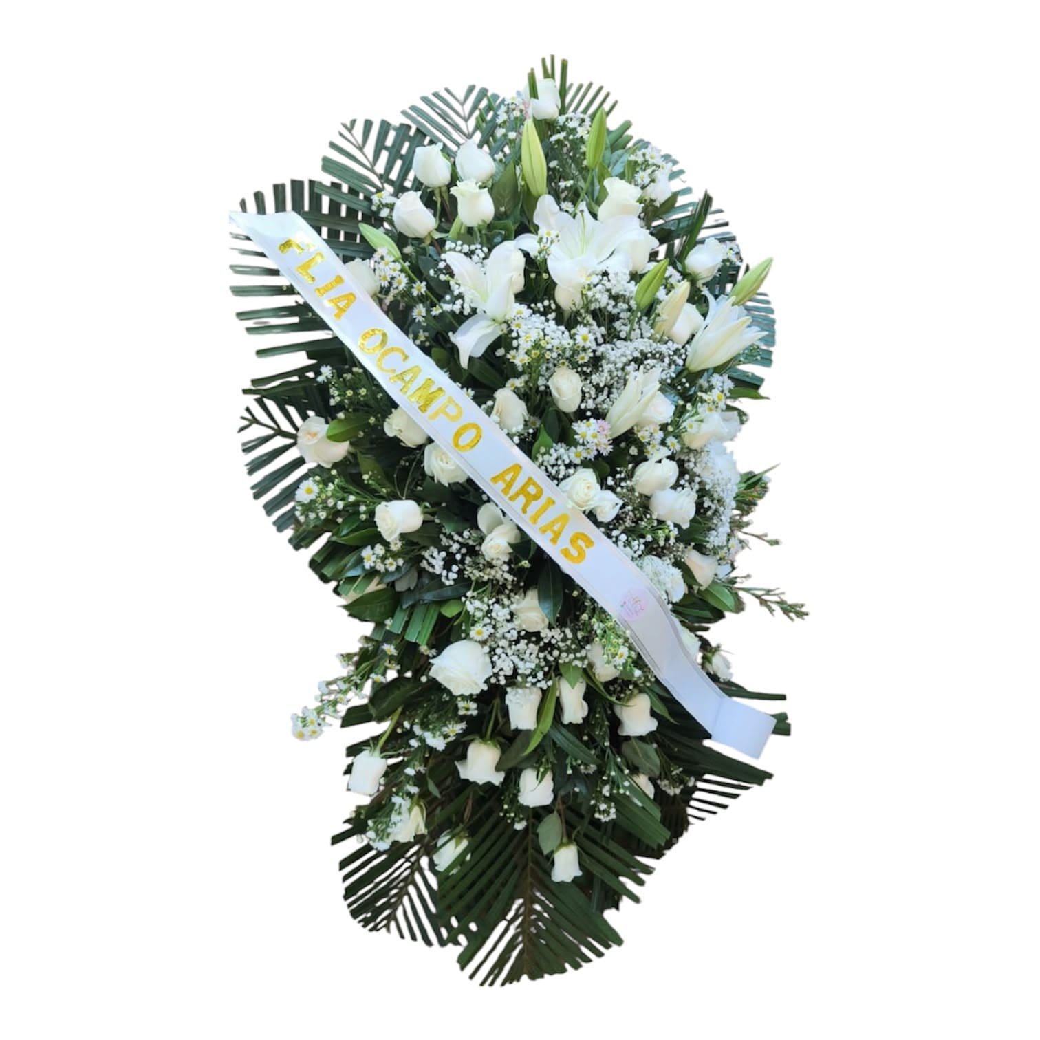 Ramo fúnebre moderno con rosas frescas del color a elección y follaje verde en Cali