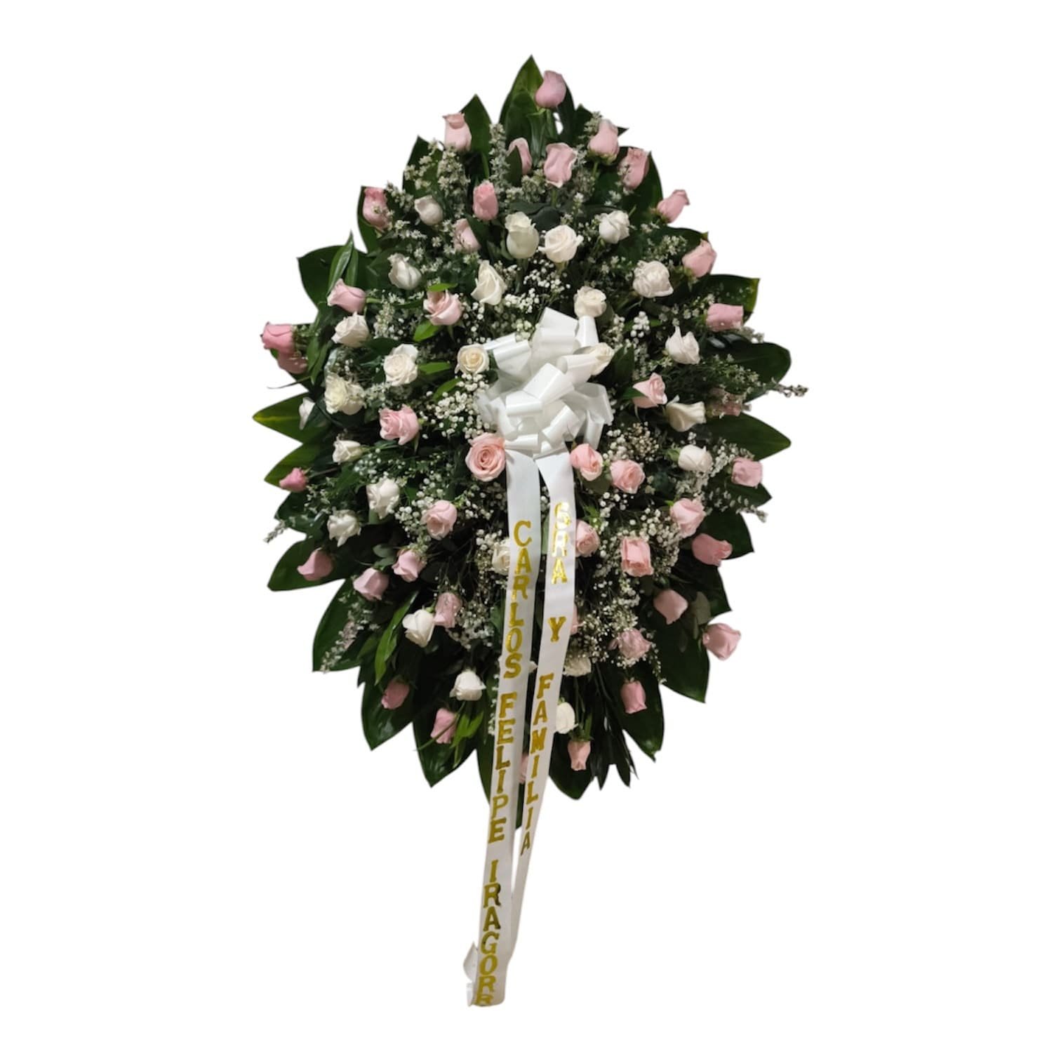Corona fúnebre honor y recuerdo de rosas rosadas frescas y follaje en Cali
