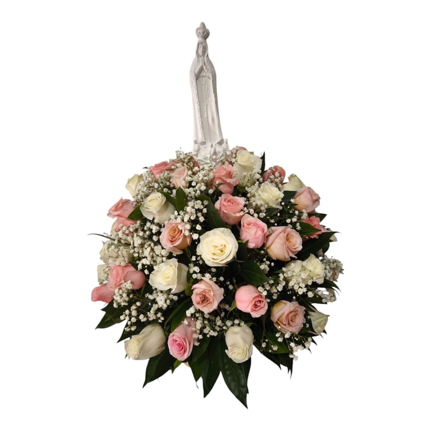 arreglo funebre redondo con virgen en ceramica de 50 rosas blancas y rosadas cali