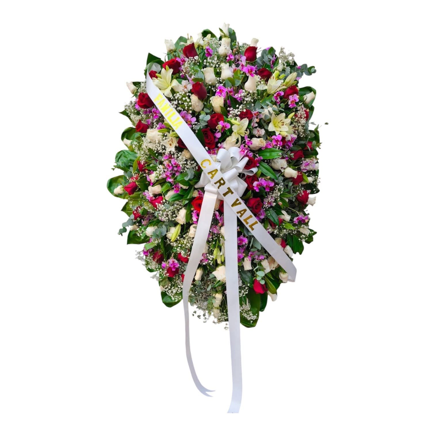 Ofrenda fúnebre de lujo con 100 rosas 20 lirios y 36 orquídeas hawaianas con cinta de condolencias cali
